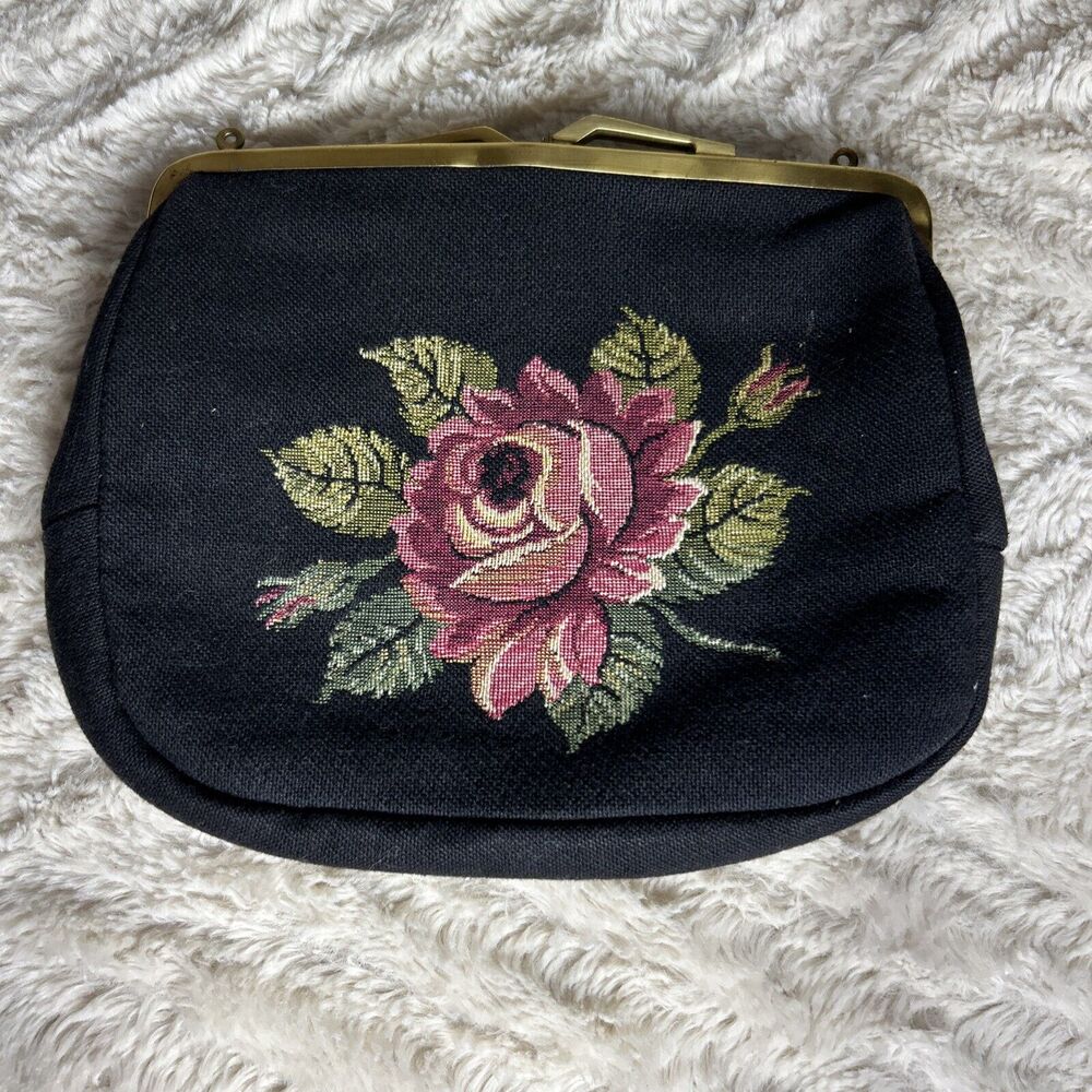 Vintage MANTESSA Floral Tapestry Handbag Goldtone Clasp Rope Handle West Germany